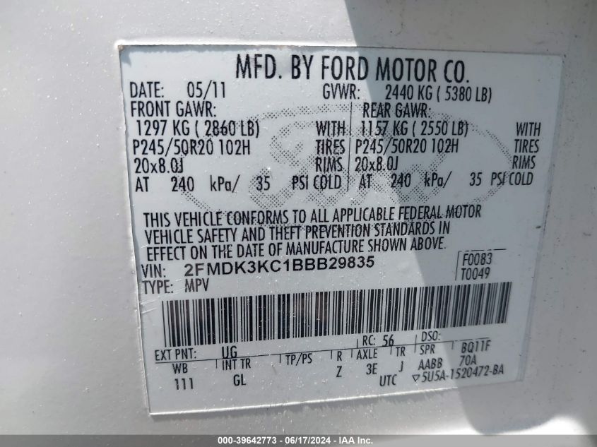 2011 Ford Edge Limited VIN: 2FMDK3KC1BBB29835 Lot: 39642773