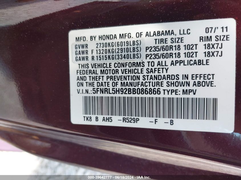 2011 Honda Odyssey Touring/Touring Elite VIN: 5FNRL5H92BB086866 Lot: 39642777