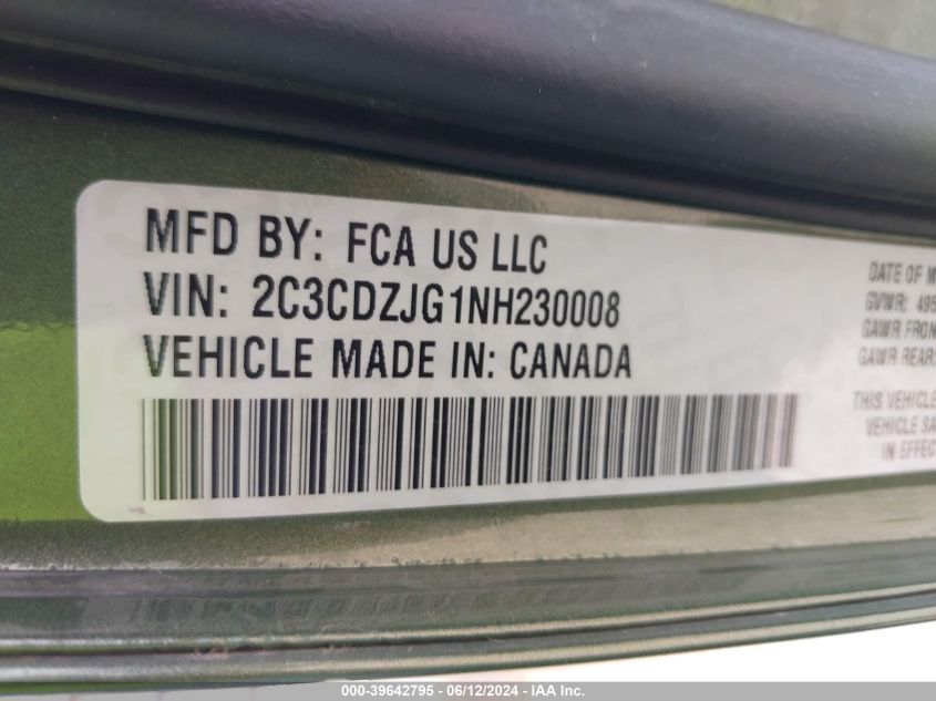 2022 Dodge Challenger Gt VIN: 2C3CDZJG1NH230008 Lot: 39642795