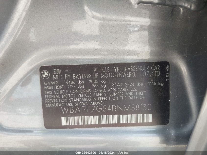 2011 BMW 328I VIN: WBAPH7G54BNM58130 Lot: 39642806
