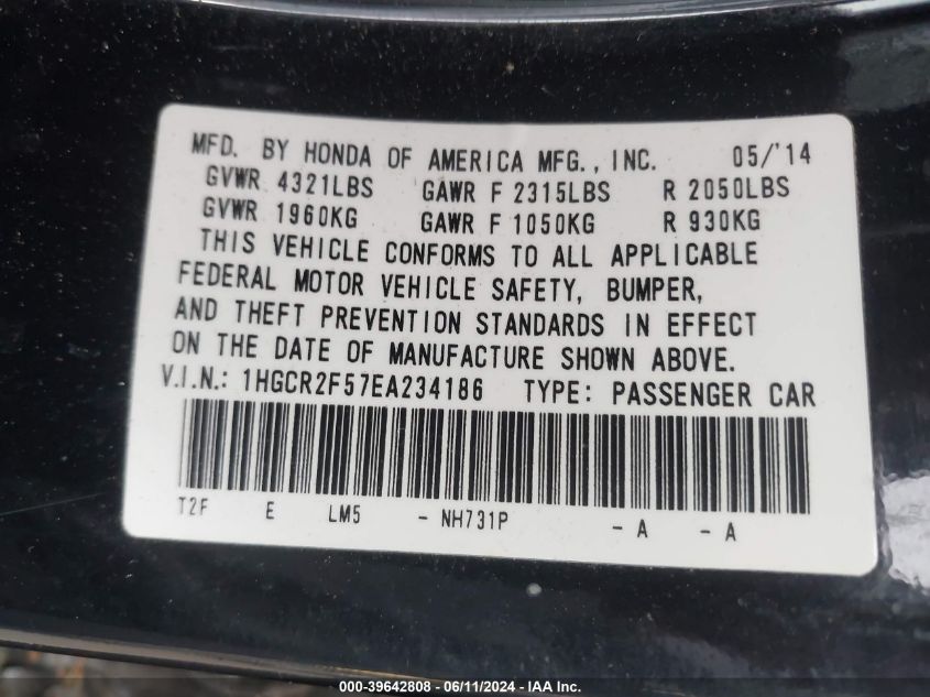 1HGCR2F57EA234186 | 2014 HONDA ACCORD