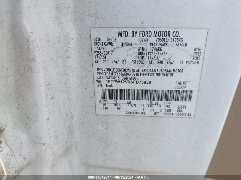 2006 Ford F-150 Lariat/Xlt VIN: 1FTPW12VX6FB75938 Lot: 39642811