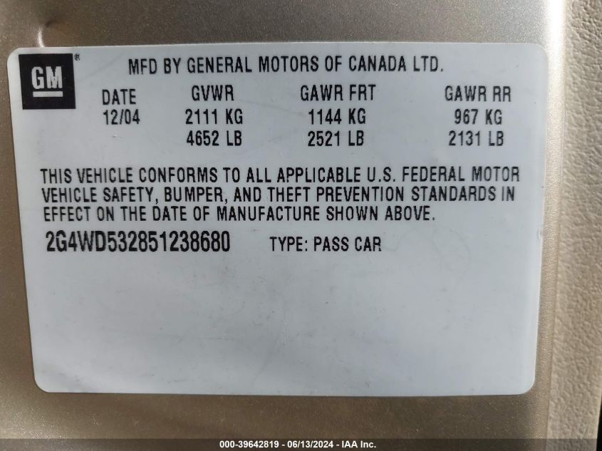 2005 Buick Lacrosse Cxl VIN: 2G4WD532851238680 Lot: 39642819