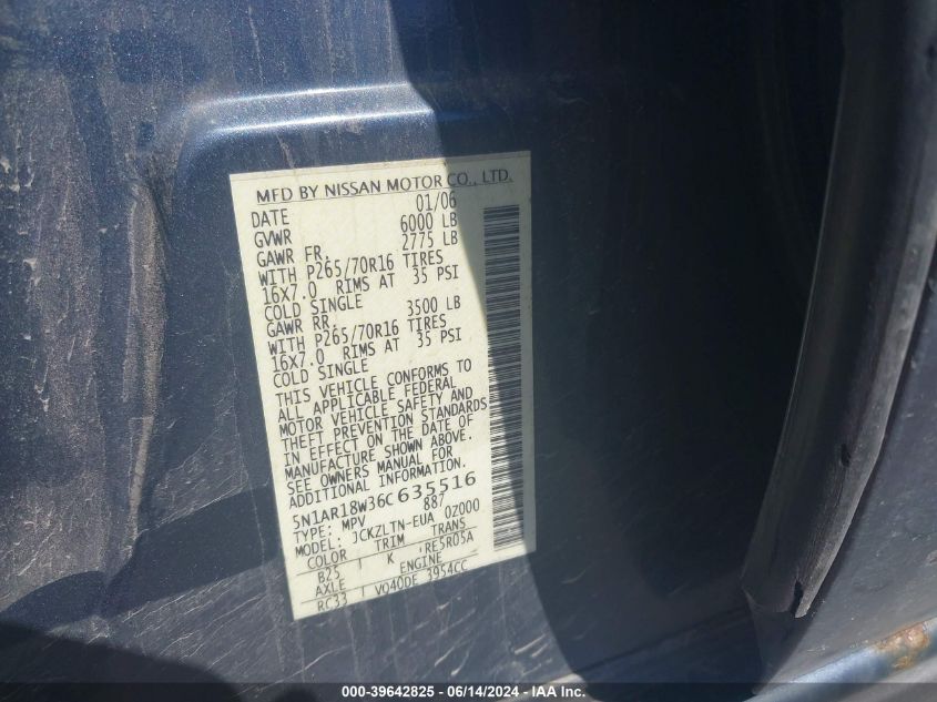 2006 Nissan Pathfinder Se VIN: 5N1AR18W36C635516 Lot: 39642825