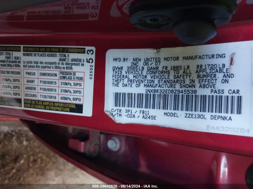 2008 Toyota Corolla Le VIN: 1NXBR32E08Z945538 Lot: 39642826