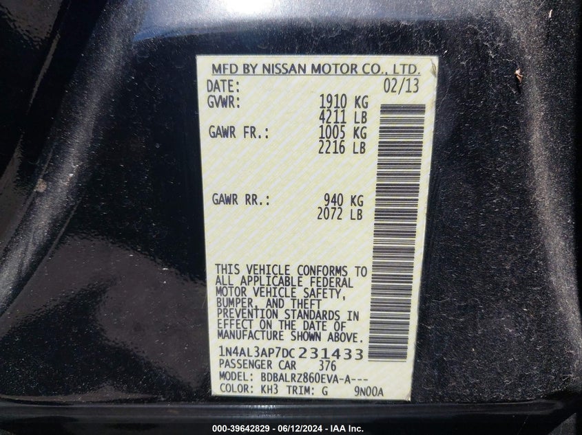 2013 Nissan Altima 2.5 S VIN: 1N4AL3AP7DC231433 Lot: 39642829