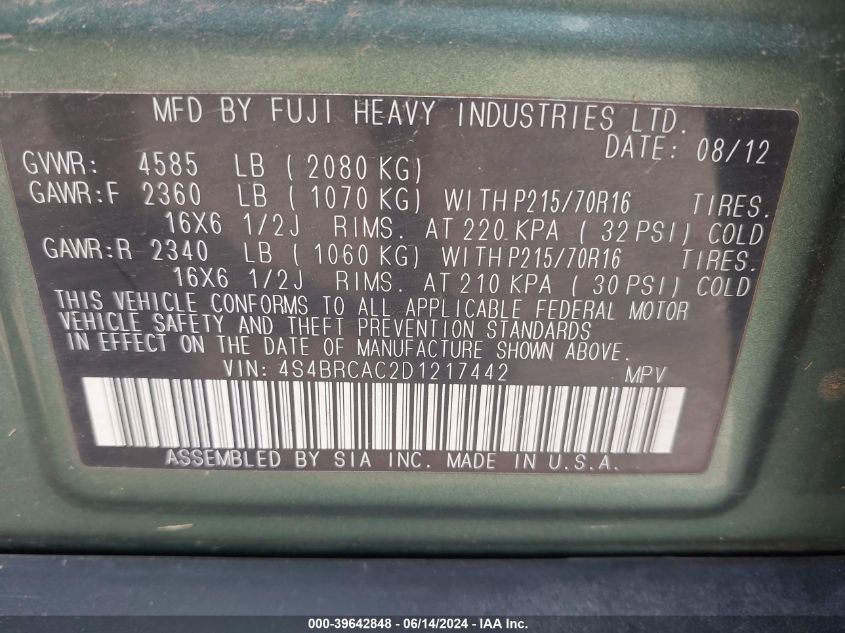 2013 Subaru Outback 2.5I VIN: 4S4BRCAC2D1217442 Lot: 39642848