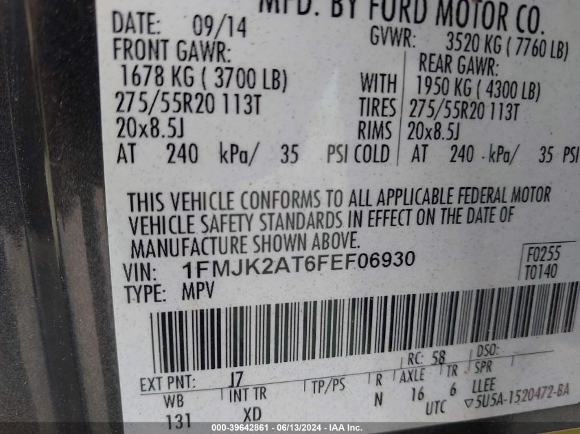 2015 Ford Expedition El Limited VIN: 1FMJK2AT6FEF06930 Lot: 39642861