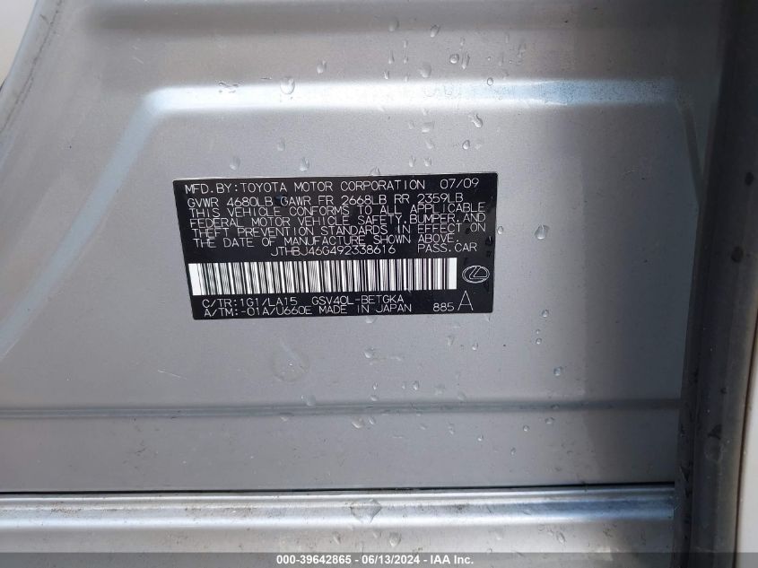 2009 Lexus Es 350 VIN: JTHBJ46G492338616 Lot: 39642865