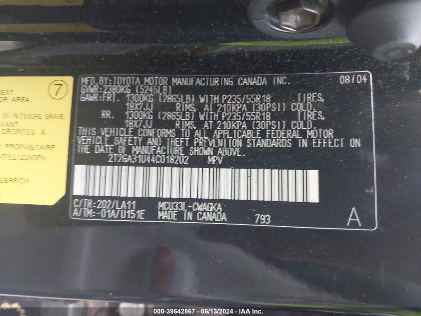 2004 Lexus Rx 330 VIN: 2T2GA31U44C018202 Lot: 39642867