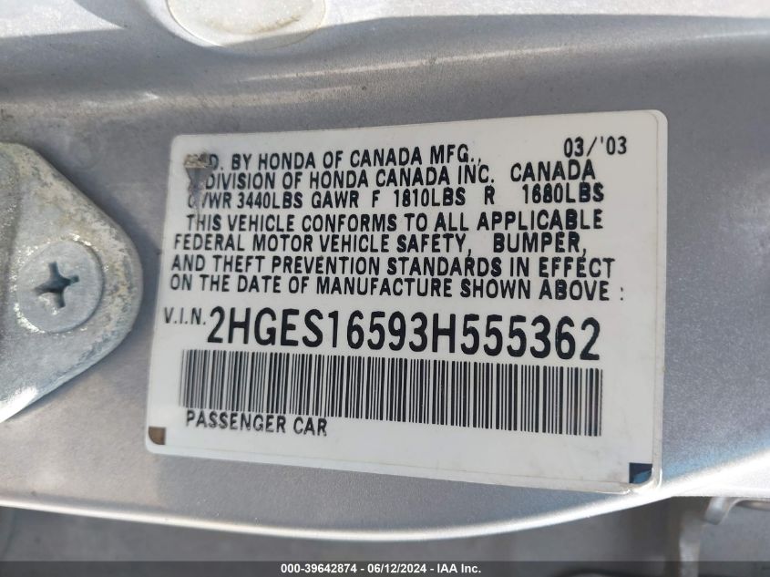 2003 Honda Civic Lx VIN: 2HGES16593H555362 Lot: 39642874