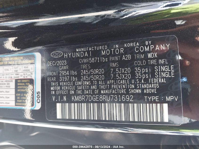 2024 Hyundai Palisade Calligraphy VIN: KM8R7DGE8RU731692 Lot: 39642875