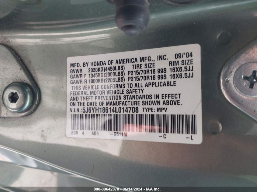 2004 Honda Element Ex VIN: 5J6YH18614L014708 Lot: 39642878