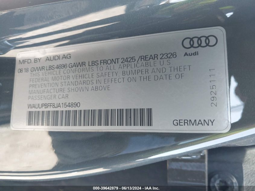 2018 Audi A3 E-Tron 1.4T Premium/1.4T Tech Premium VIN: WAUUPBFF8JA154890 Lot: 39642879