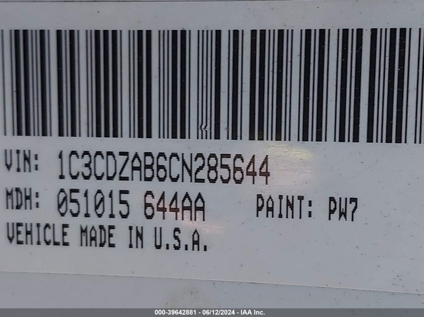 2012 Dodge Avenger Se VIN: 1C3CDZAB6CN285644 Lot: 39642881