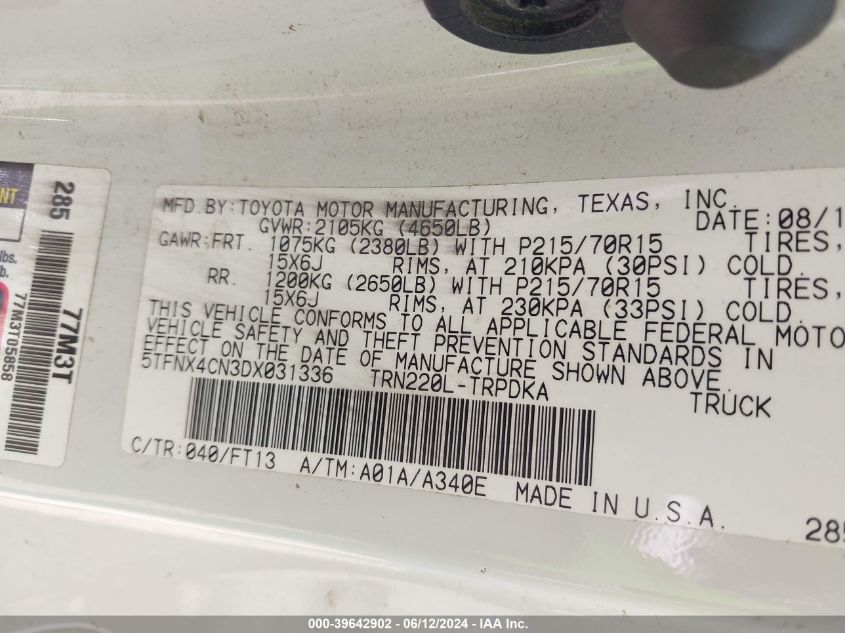 2013 Toyota Tacoma VIN: 5TFNX4CN3DX031336 Lot: 39642902