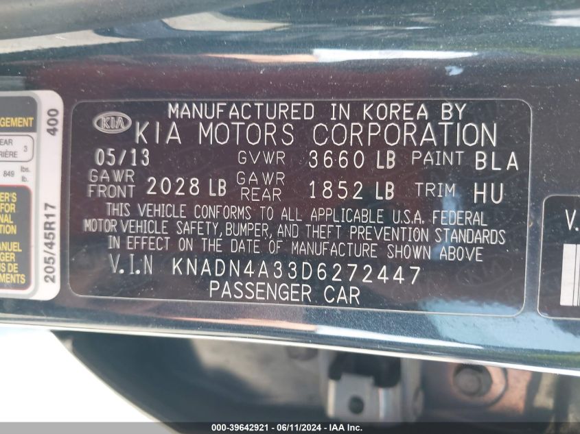 2013 Kia Rio Sx VIN: KNADN4A33D6272447 Lot: 39642921