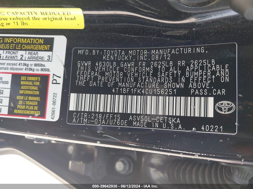 2012 Toyota Camry Se VIN: 4T1BF1FK4CU156251 Lot: 39642930