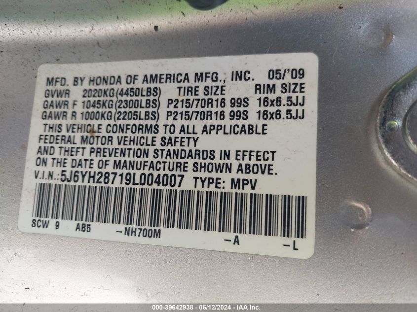 2009 Honda Element Ex VIN: 5J6YH28719L004007 Lot: 39642938