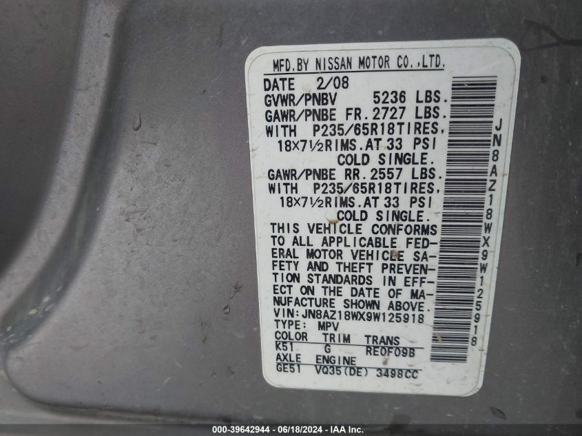 2009 Nissan Murano Sl VIN: JN8AZ18WX9W125918 Lot: 39642944