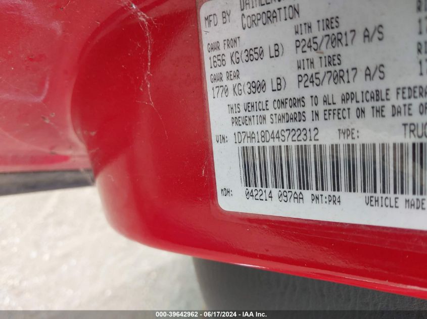 2004 Dodge Ram 1500 Slt/Laramie VIN: 1D7HA18D44S722312 Lot: 39642962