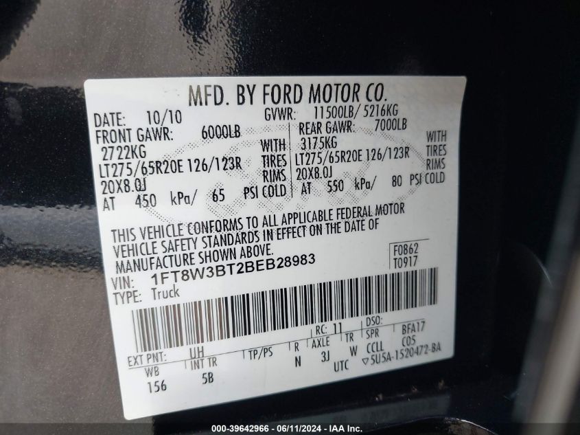 2011 Ford F-350 Lariat VIN: 1FT8W3BT2BEB28983 Lot: 39642966