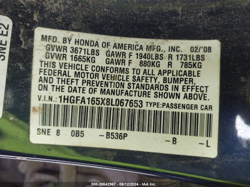 2008 Honda Civic Lx VIN: 1HGFA165X8L067653 Lot: 39642967