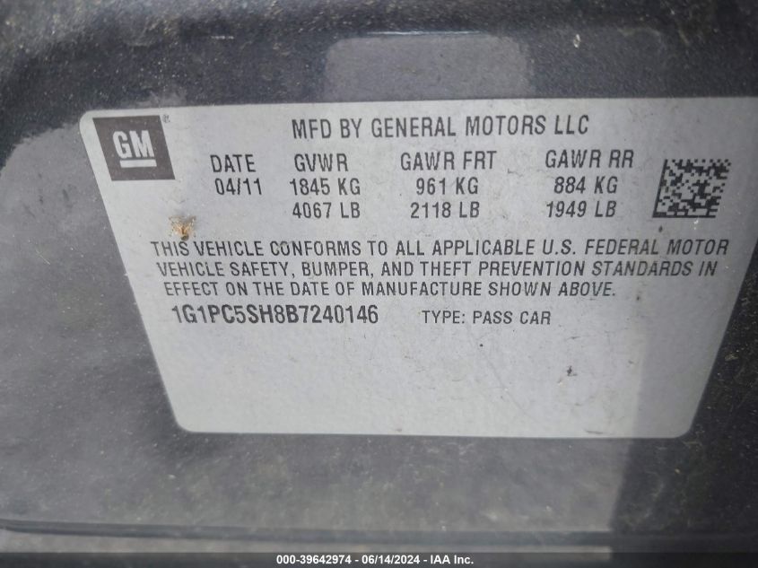 2011 Chevrolet Cruze Ls VIN: 1G1PC5SH8B7240146 Lot: 39642974