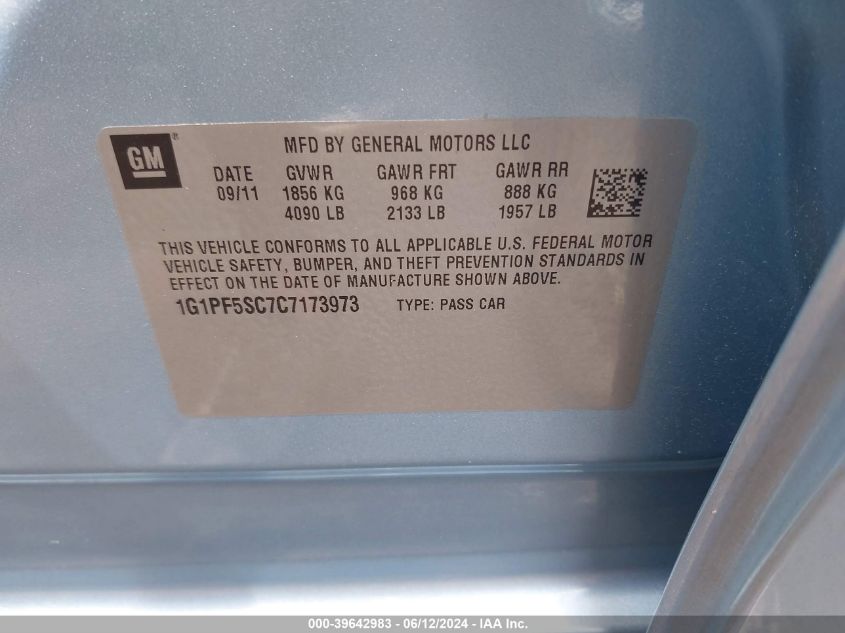 2012 Chevrolet Cruze 1Lt VIN: 1G1PF5SC7C7173973 Lot: 39642983