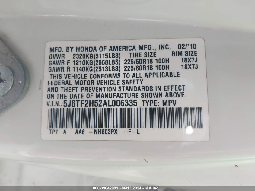 2010 Honda Accord Crosstour Ex-L VIN: 5J6TF2H52AL006335 Lot: 39642991
