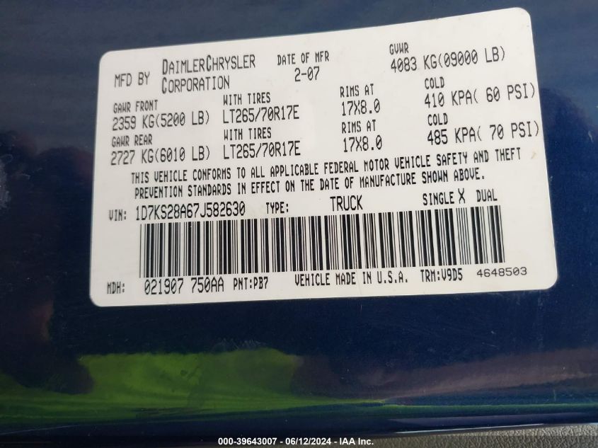 2007 Dodge Ram 2500 Slt/Trx4 Off Road/Sport/Power Wagon VIN: 1D7KS28A67J582630 Lot: 39643007