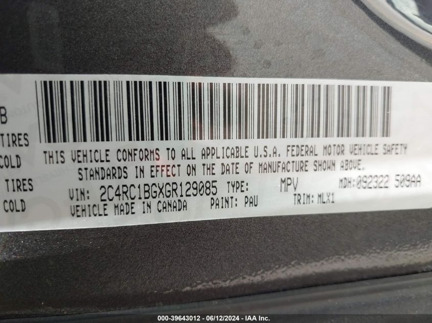 2016 Chrysler Town & Country Touring VIN: 2C4RC1BGXGR129085 Lot: 39643012