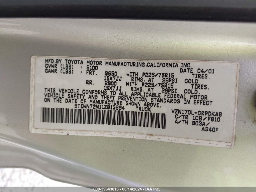 2001 Toyota Tacoma Base V6 VIN: 5TEWN72N11Z813894 Lot: 39643016