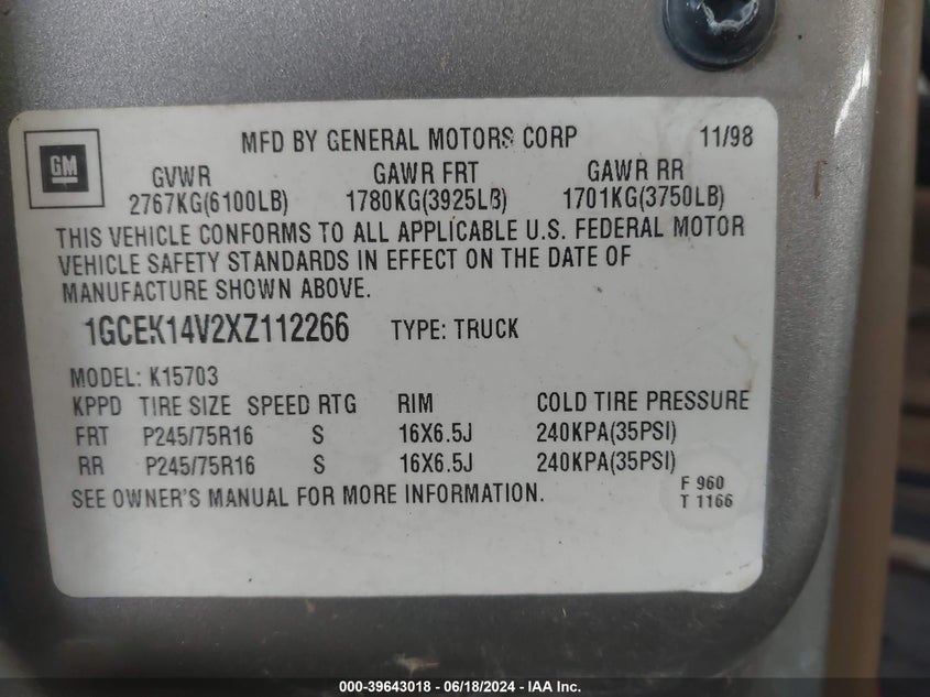 1999 Chevrolet Silverado 1500 Ls VIN: 1GCEK14V2XZ112266 Lot: 39643018