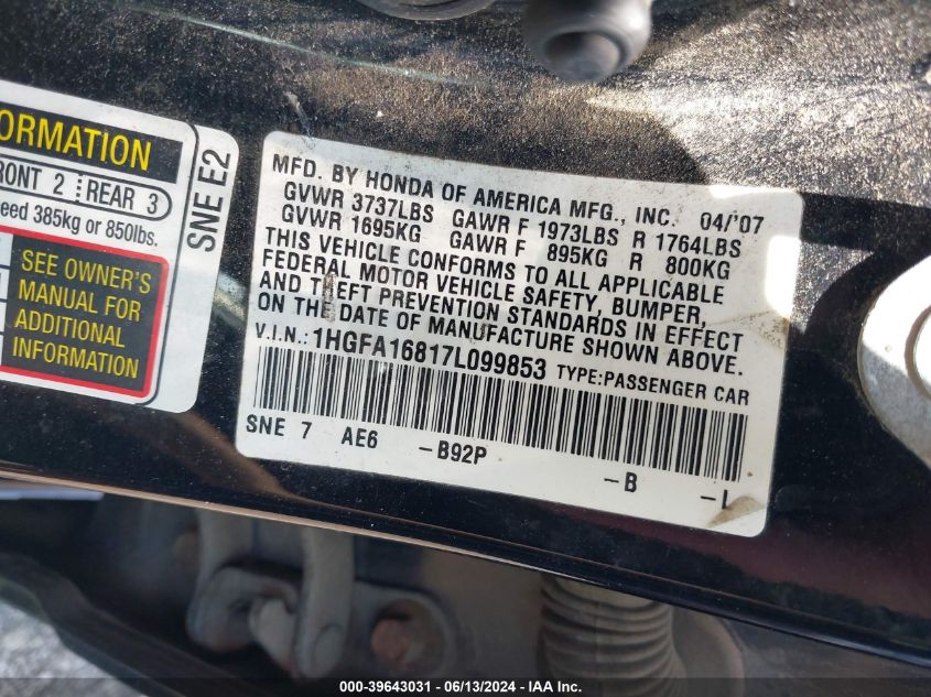 2007 Honda Civic Ex VIN: 1HGFA16817L099853 Lot: 39643031