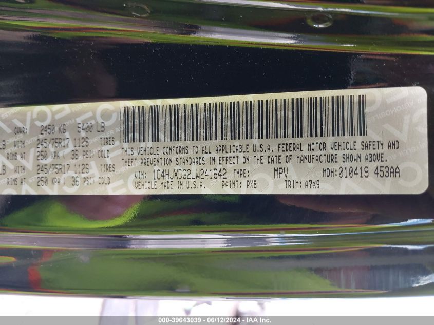 2020 Jeep Wrangler Unlimited Sport 4X4 VIN: 1C4HJXDG2LW241642 Lot: 39643039