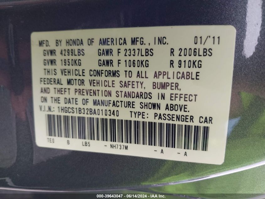 2011 Honda Accord 2.4 Lx-S VIN: 1HGCS1B32BA010340 Lot: 39643047