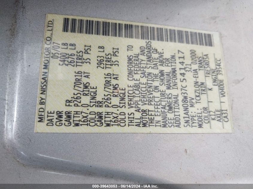 2007 Nissan Xterra X VIN: 5N1AN08W37C541417 Lot: 39643053