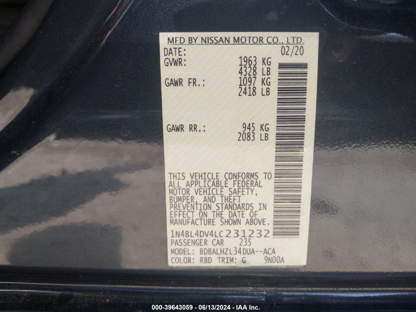 2020 Nissan Altima Sv Fwd VIN: 1N4BL4DV4LC231232 Lot: 39643059