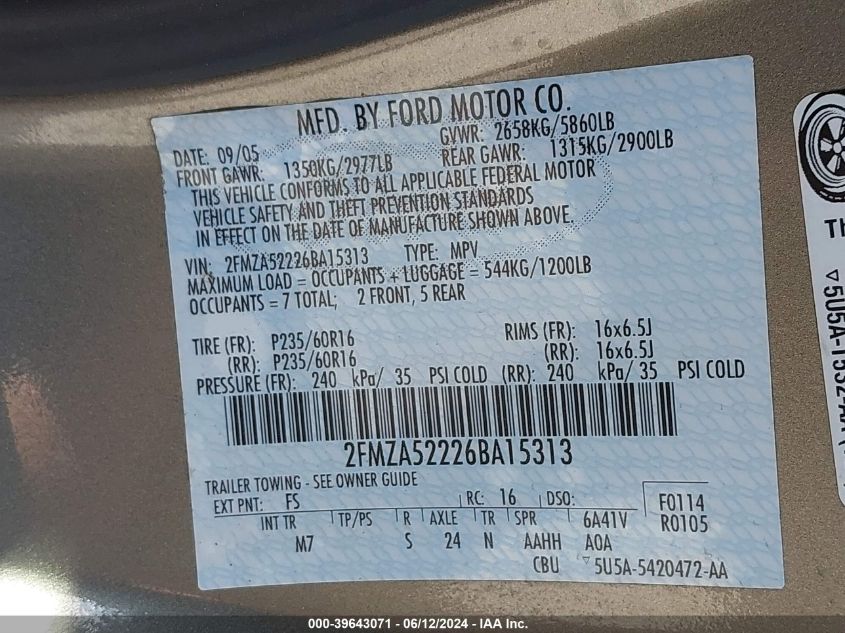 2006 Ford Freestar Sel VIN: 2FMZA52226BA15313 Lot: 39643071