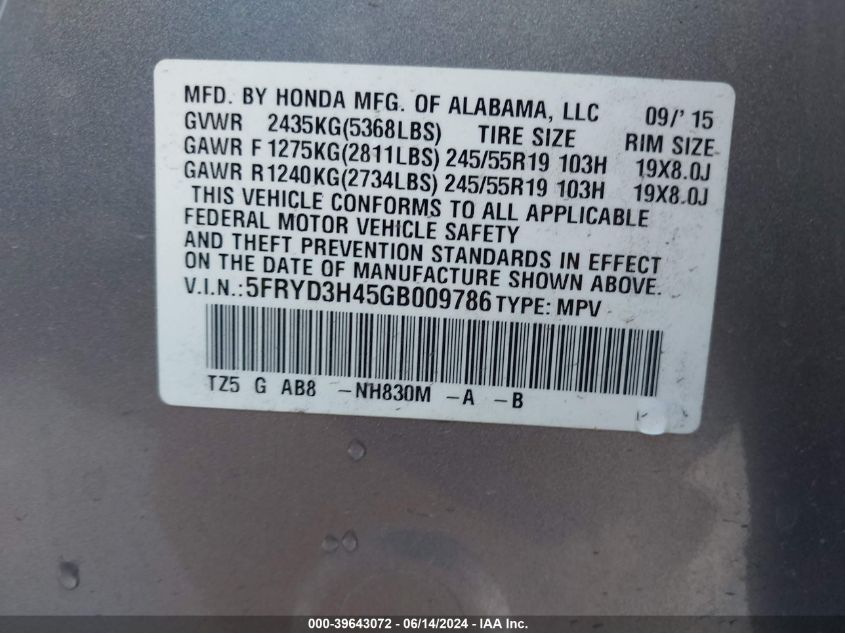 2016 Acura Mdx Technology Acurawatch Plus Packages/Technology Package VIN: 5FRYD3H45GB009786 Lot: 39643072
