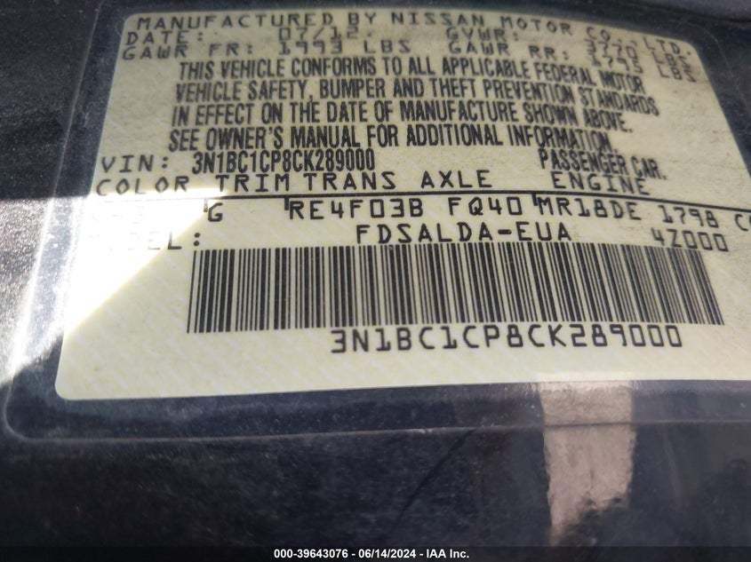 2012 Nissan Versa 1.8 S VIN: 3N1BC1CP8CK289000 Lot: 39643076