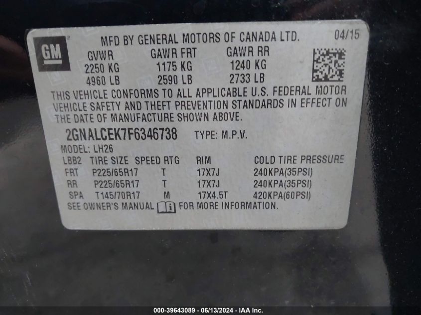 2015 Chevrolet Equinox 2Lt VIN: 2GNALCEK7F6346738 Lot: 39643089