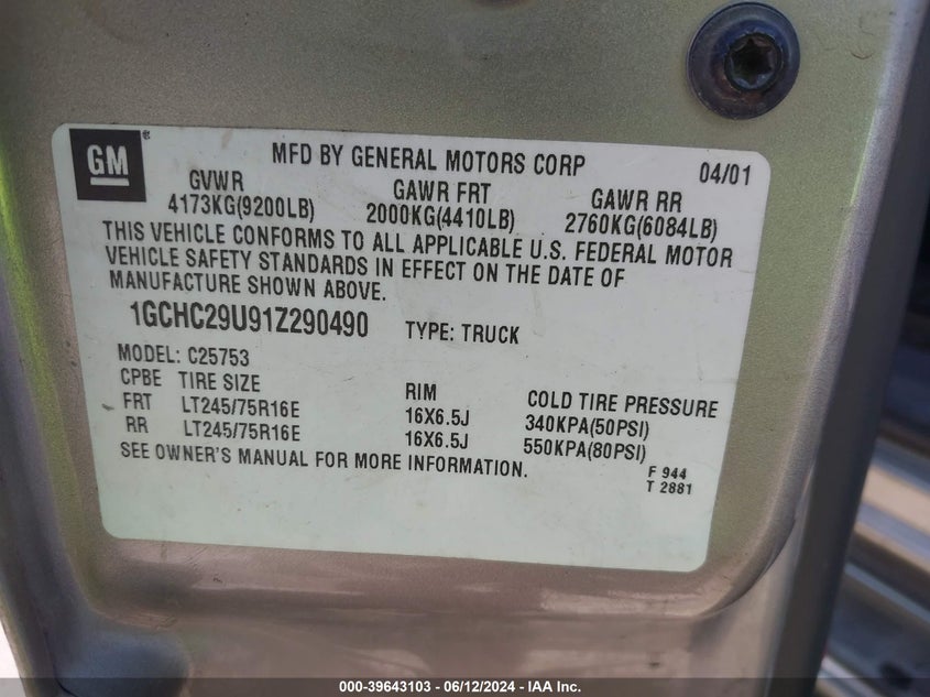 2001 Chevrolet Silverado 2500Hd Ls VIN: 1GCHC29U91Z290490 Lot: 39643103