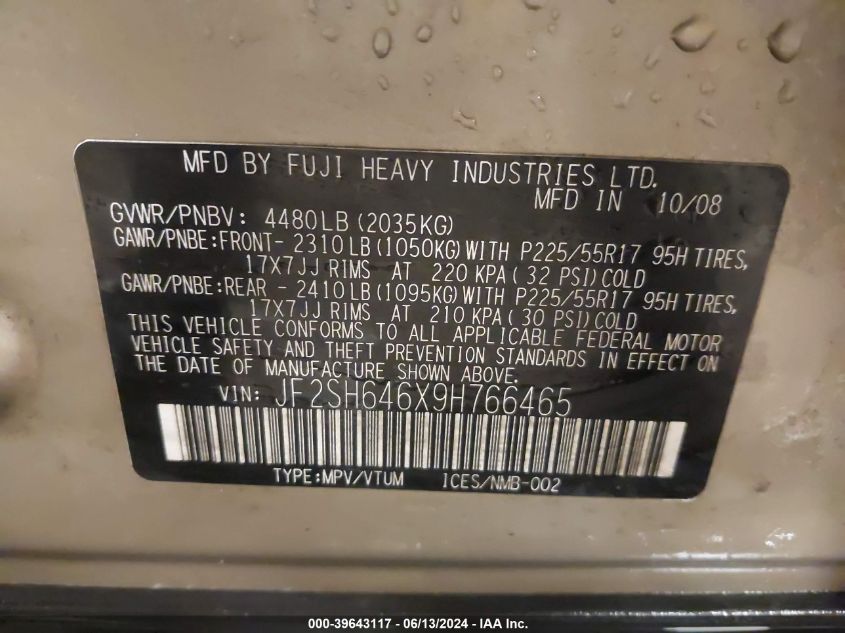 2009 Subaru Forester 2.5X Limited VIN: JF2SH646X9H766465 Lot: 39643117