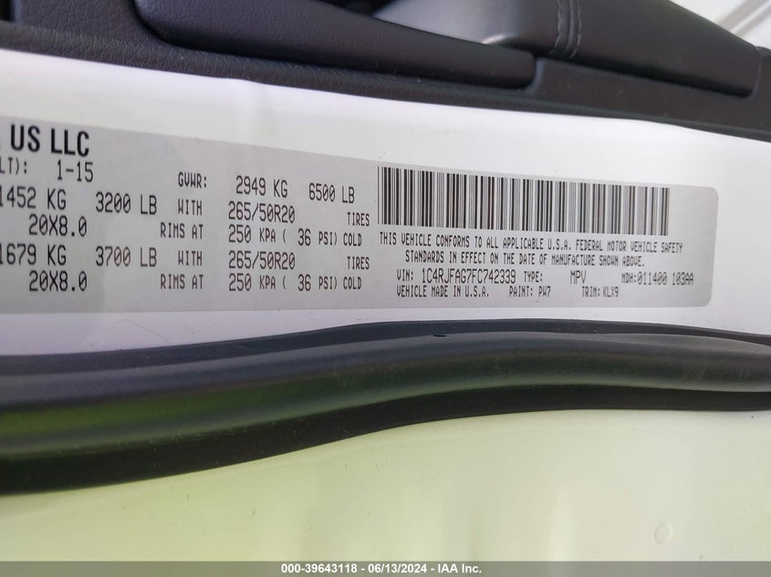 2015 Jeep Grand Cherokee Altitude VIN: 1C4RJFAG7FC742339 Lot: 39643118