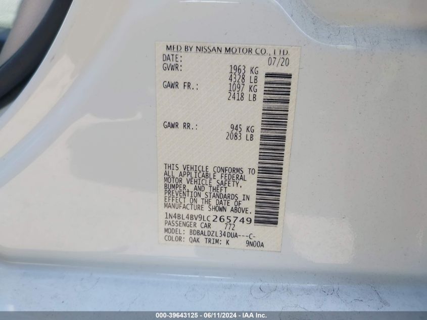 2020 Nissan Altima S Fwd VIN: 1N4BL4BV9LC265749 Lot: 39643125