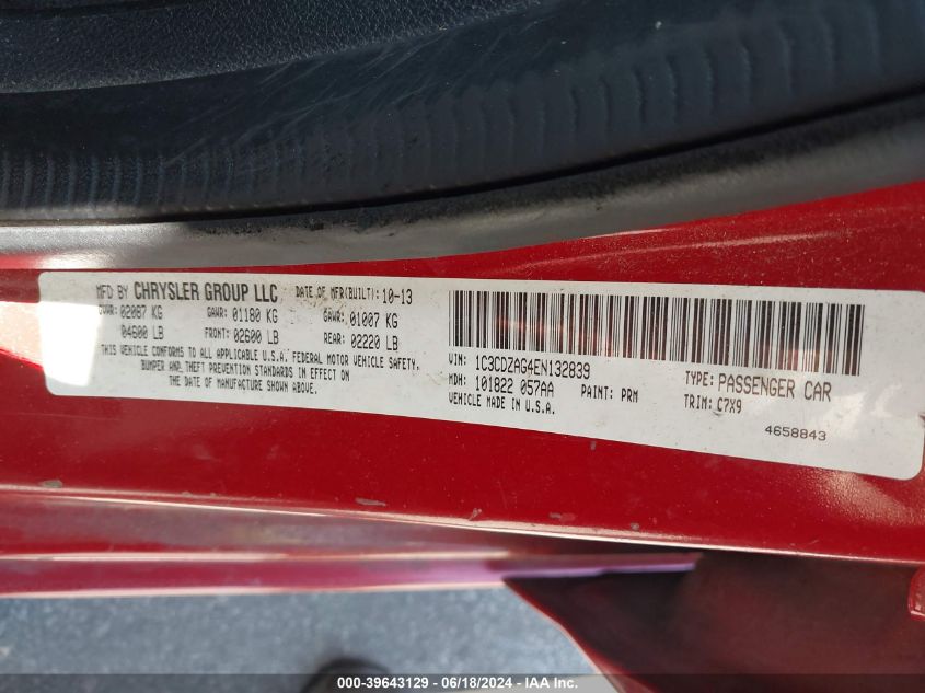 2014 Dodge Avenger Se VIN: 1C3CDZAG4EN132839 Lot: 39643129