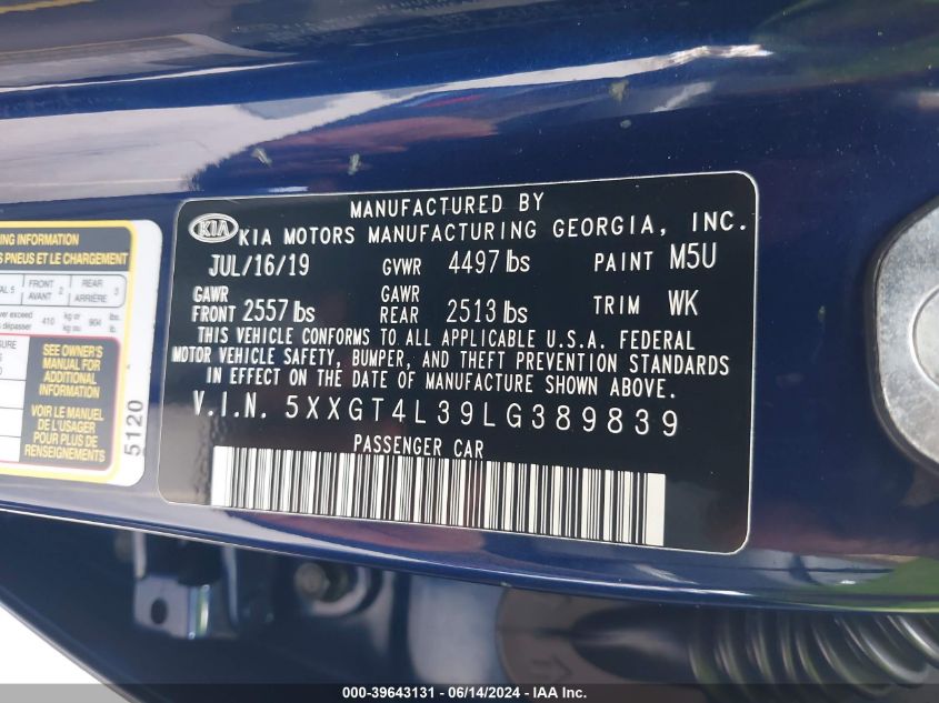 2020 Kia Optima Lx VIN: 5XXGT4L39LG389839 Lot: 39643131