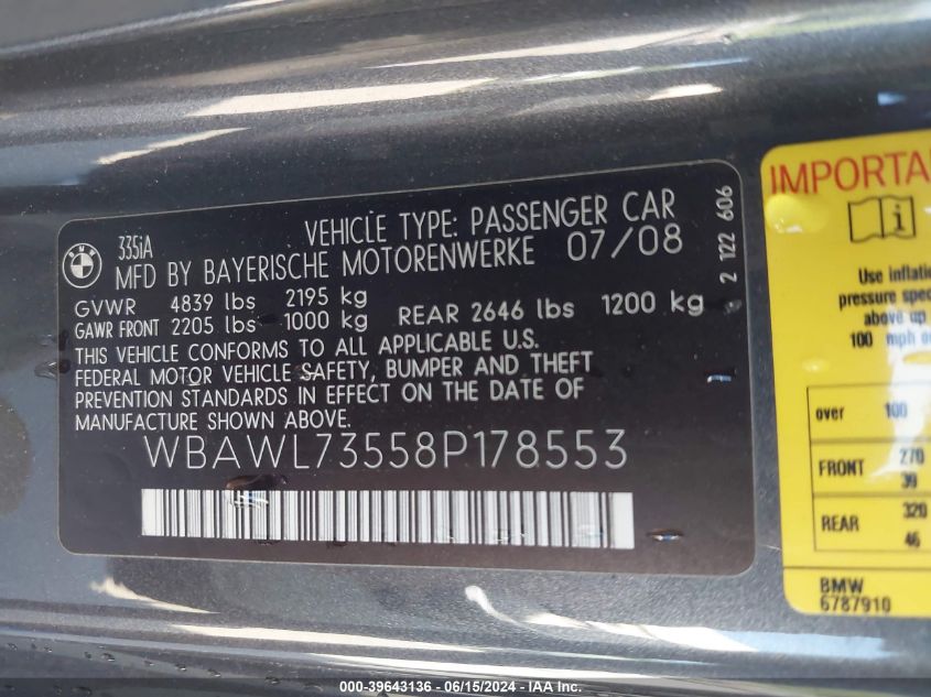 2008 BMW 335I VIN: WBAWL73558P178553 Lot: 39643136